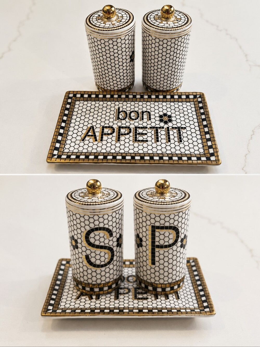 New In Box Anthropologie Black and Gold Bistro Salt And Pepper Shaker And Tray